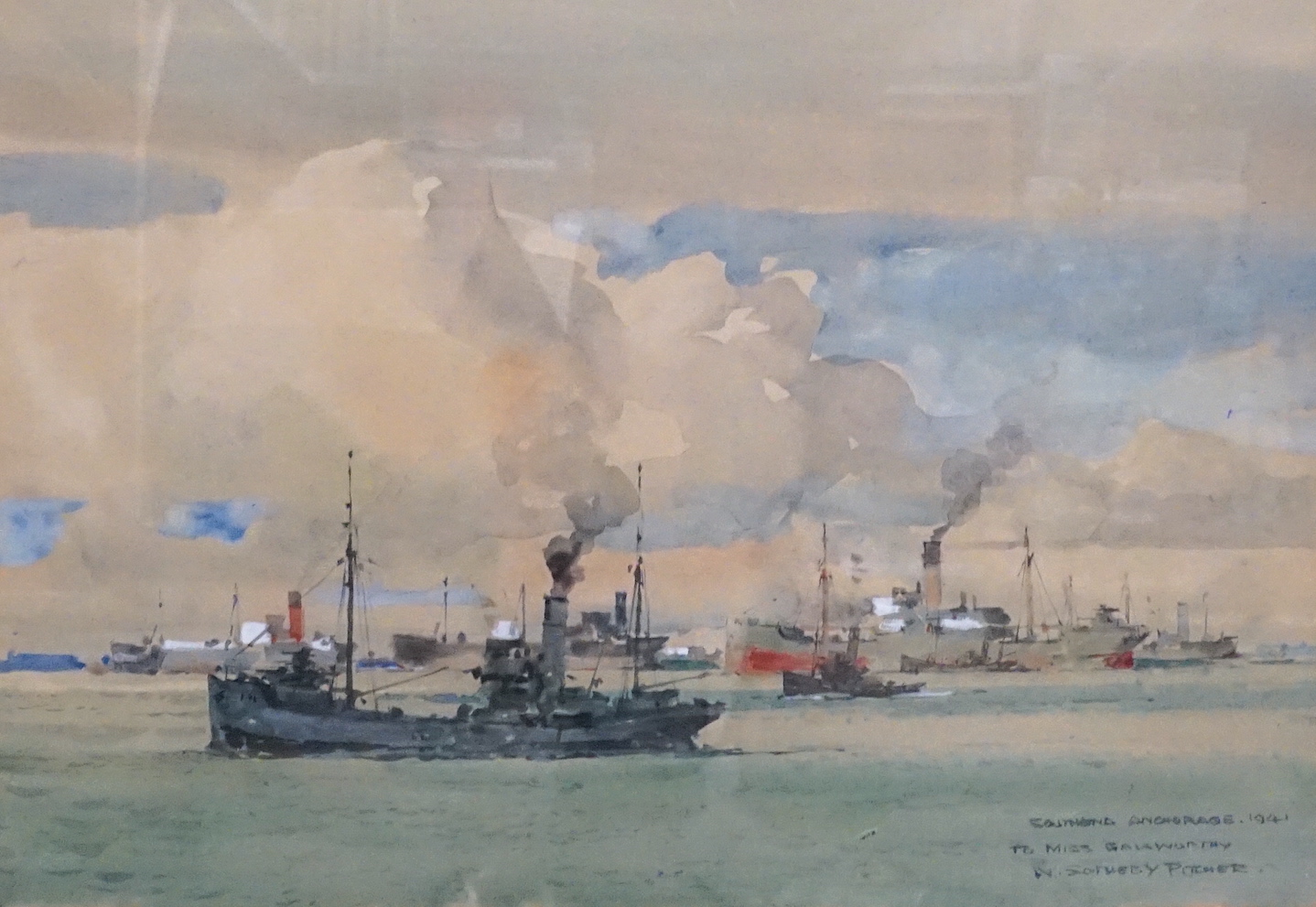 Neville Sotheby Pitcher (1889-1959), watercolour, 'Southend Anchorage 1941', signed, 26 x 37cm